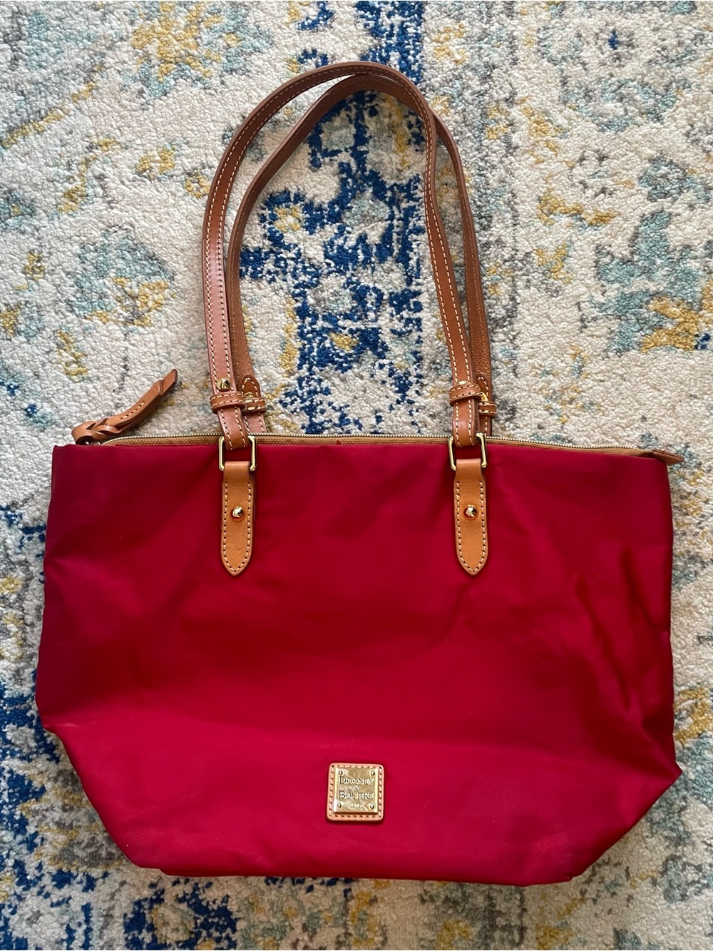 Dooney & Bourke Red Nylon Tote Bag with Tan Handles - Women's Shoulder Tote